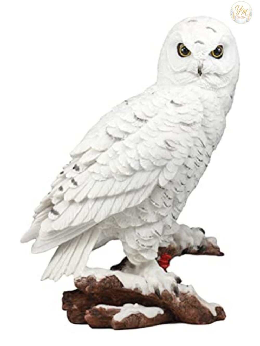 White Snow Owl Statue on Tree Branch Sculpture 12.25" Tall Bird Figurine